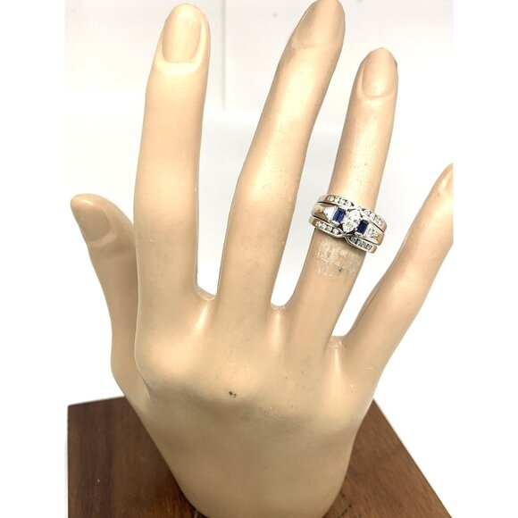 Wedding Set Diamond Blue Sapphire 14K White Gold Engagement Ring Band Size 5.25 - Picture 5 of 12